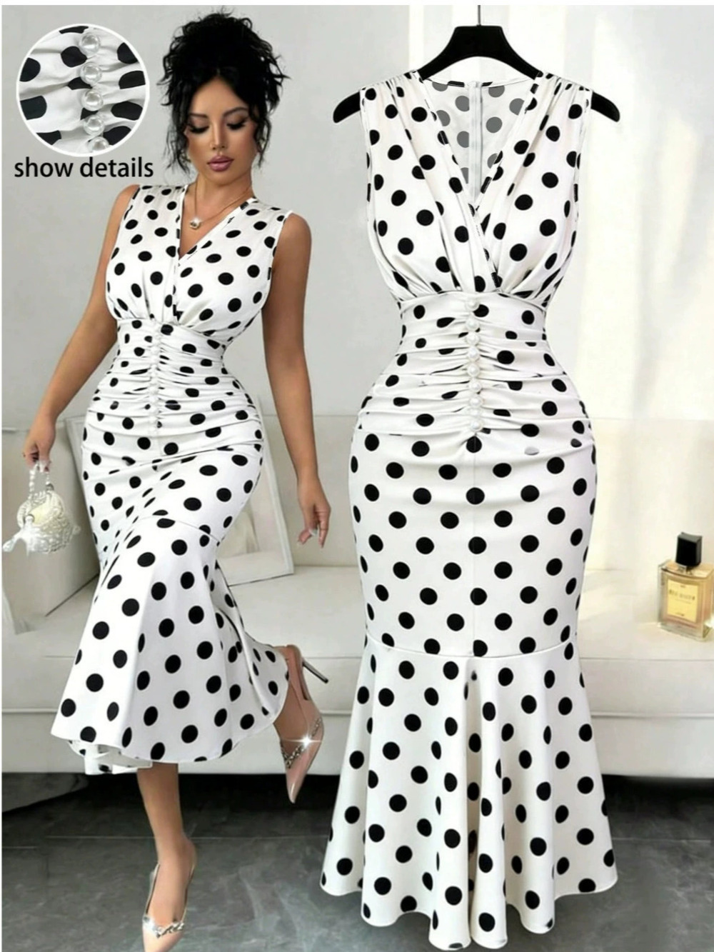 ZARA Polka Dot Print Slimming Waist Sleeveless Bodycon Midi Dress